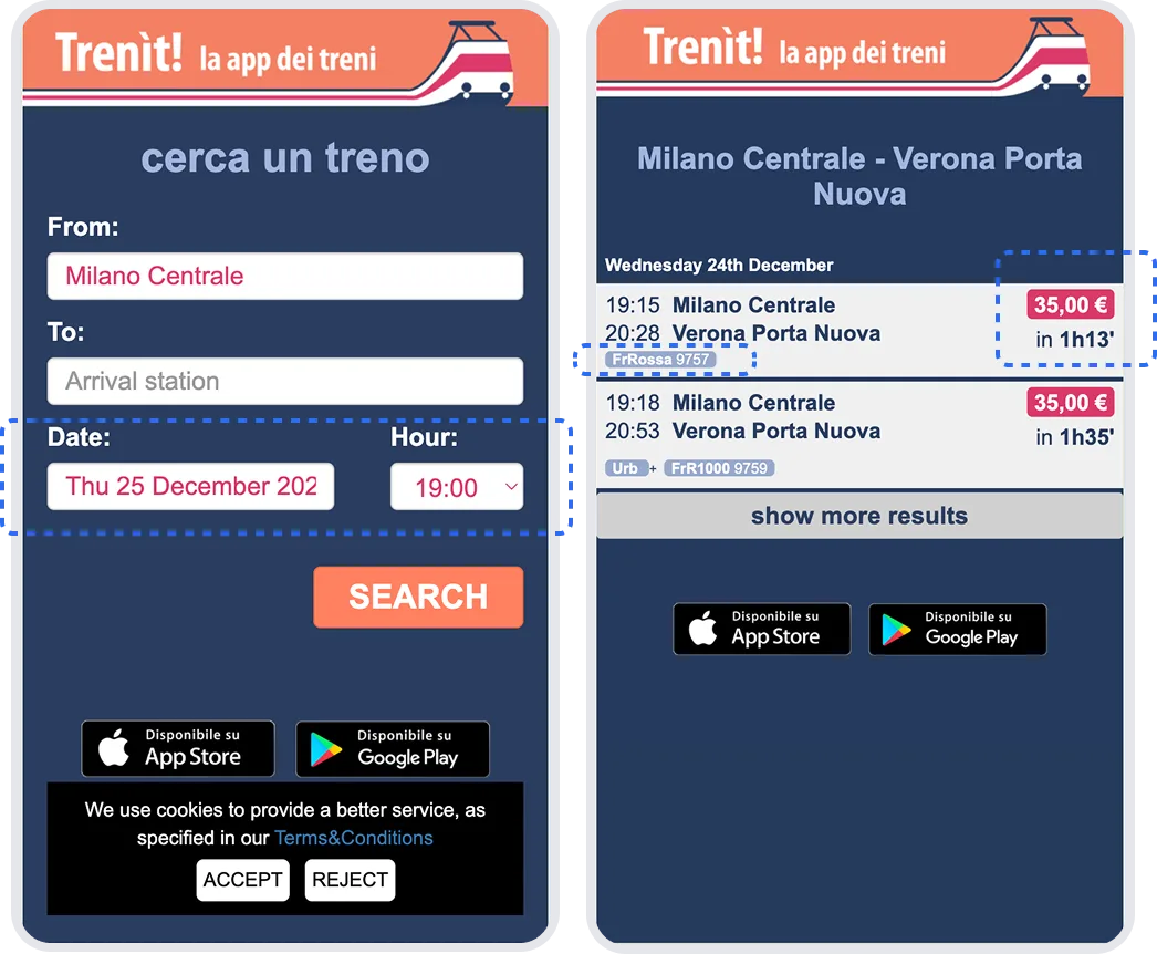 Trenit 搜索与车次结果界面
