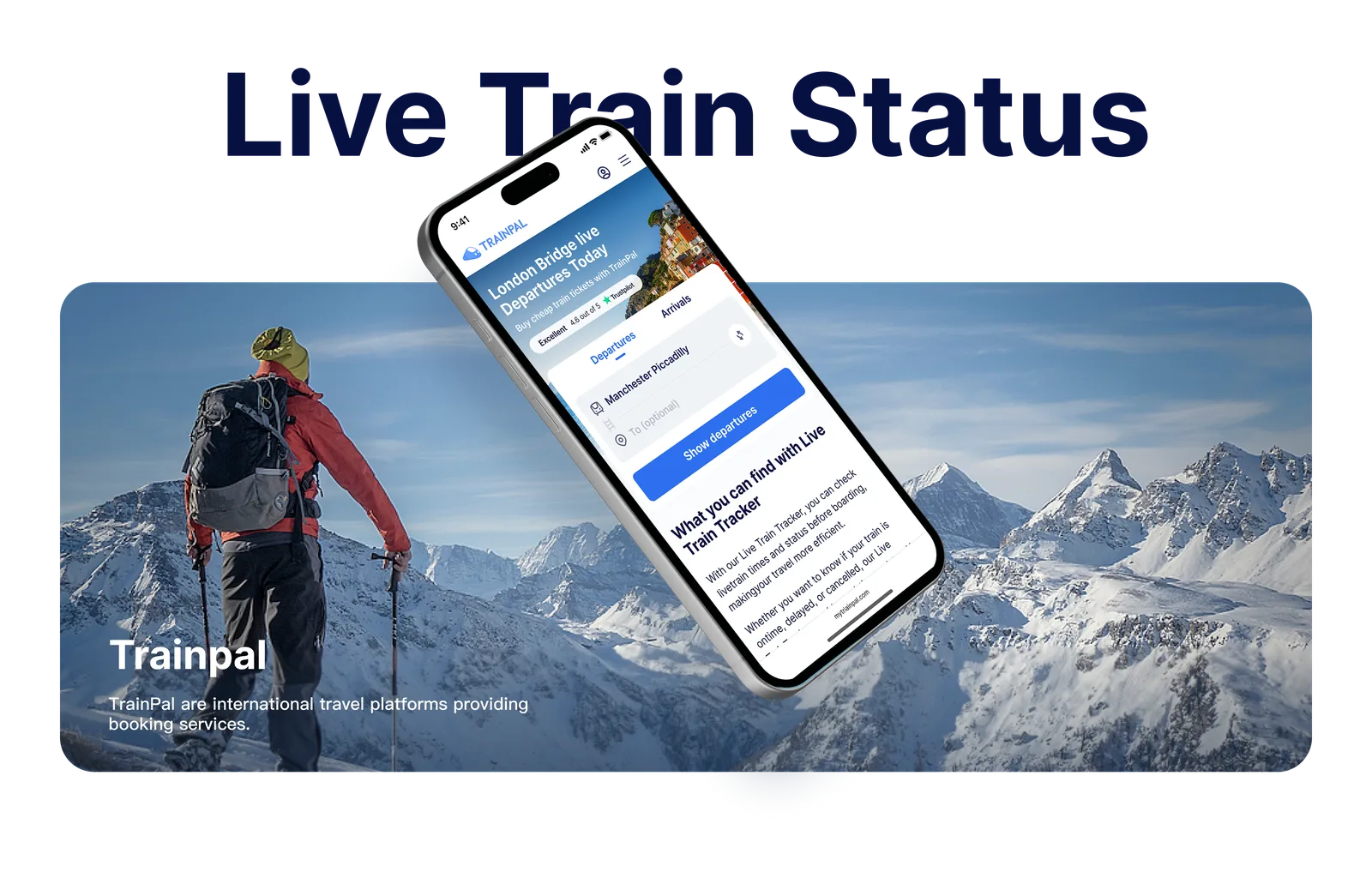 Live Train Status 项目封面：TrainPal 手机界面叠放在欧洲雪山铁路场景上
